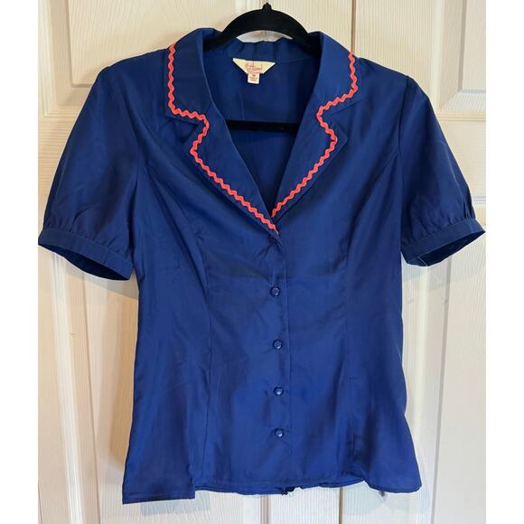 Vintage Retro Myrtlewood Blue Button-Up Cap Sleeve Blouse Sz Med - Picture 1 of 8